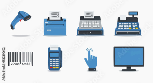 Point of Sale System Illustrated with Various Devices and Peripherals for Retail Transaction Processing