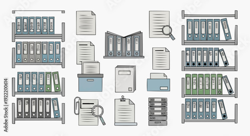 Office supplies and stationery neatly organized on shelves, showcasing various storage solutions and document handling tools in a tidy workspace environment from a straightforward viewpoint