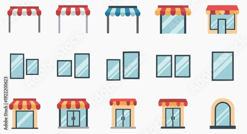 Collection of various shop fronts and store awnings in different styles viewed from the front