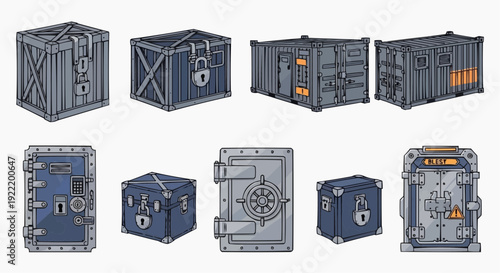 Collection of various shipping containers and crates with different locking mechanisms and designs, isolated on a white background, viewed from the front