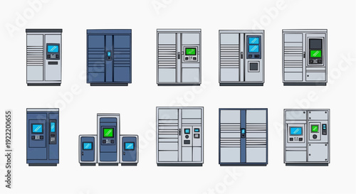 Collection of various vending machines displayed in a grid arrangement showcasing different designs and features