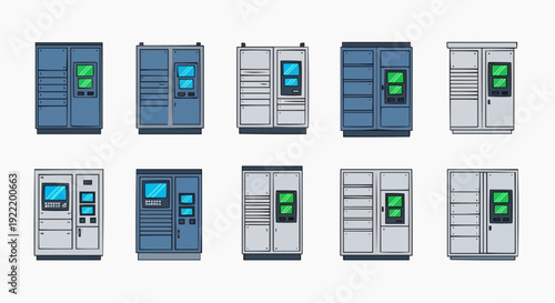Multiple vending machines displayed in a grid arrangement, showcasing various designs and digital screens
