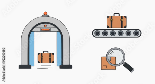 Security screening process illustrated with luggage scanning and inspection icons