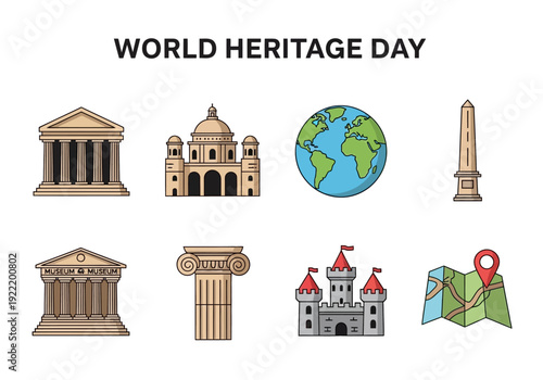 Heritage landmarks and monuments around the world displayed on a clean white background in a 2x4 grid layout