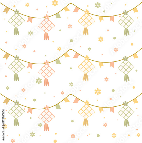 Seamless hanging ketupat garland pattern with festive bunting and floral elements