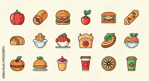 A colorful vector graphic illustration of various food icons on a pale background