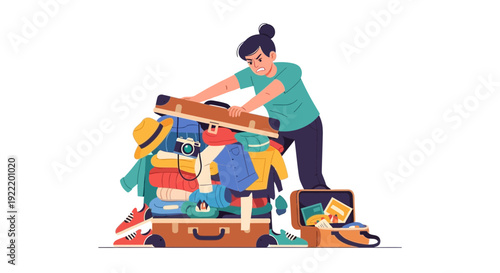 Frustrated person struggling to close overstuffed suitcase for vacation