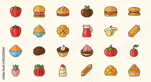 A colorful vector graphic illustration of various food icons and symbols