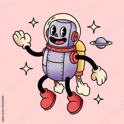 Retro Futuristic Space Robot Character Illustration in 1930s Rubber Hose Cartoon Style