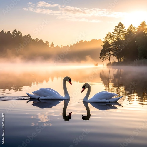 Serene swans on a foggy lake at sunrise