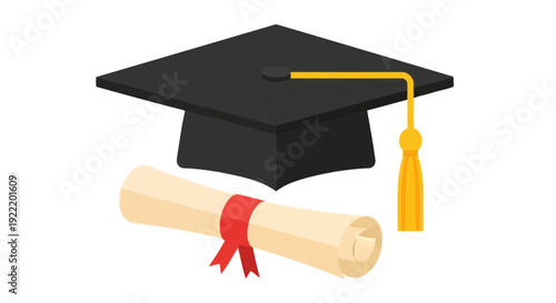 Graduation Cap and Diploma Scroll with Tassel - Education Achievement Symbol
