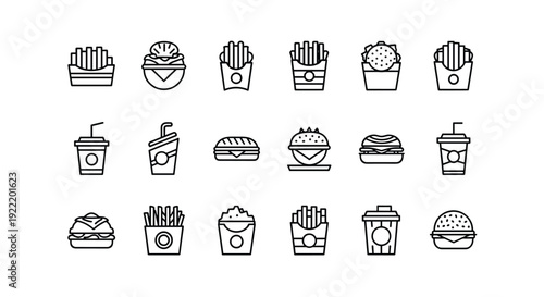 A set of minimalist fast food icons in a flat line art style