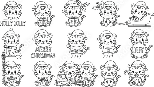 Cute Christmas tiger cartoon coloring page collection with Santa hats gifts sleigh holiday decorations and festive text for kids winter activity designs