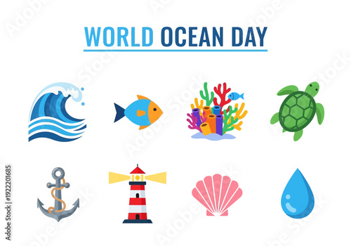 Vibrant World Ocean Day celebration illustration featuring marine life, lighthouse, and oceanic elements from a bird's eye view