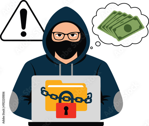 Hooded Hacker Encrypting Data with a Chain and Red Padlock on a Laptop, Concept of Ransomware Attack, Financial Extortion, Cybersecurity Warning, and Digital Data Theft Vector Illustration
