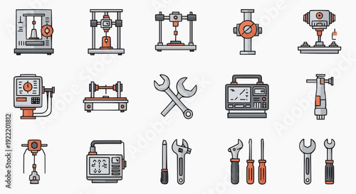 Industrial machinery and tools icons collection, equipment and hardware for manufacturing and construction, illustrated graphic elements in modern style