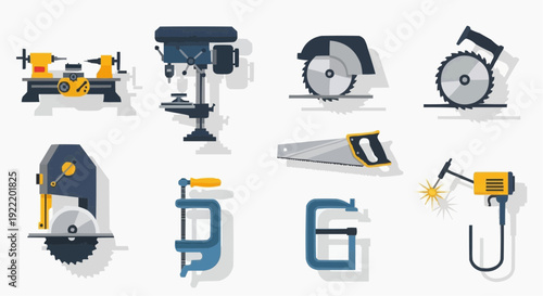 Various industrial power tools and equipment are displayed in a grid layout