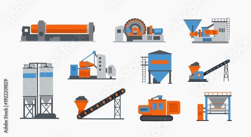 Industrial machinery components illustration showcasing various equipment and tools in a manufacturing setting from a top-down viewpoint