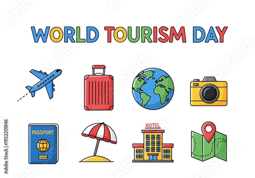 Vibrant World Tourism Day icons showcasing travel essentials, landmarks, and adventure from a global viewpoint