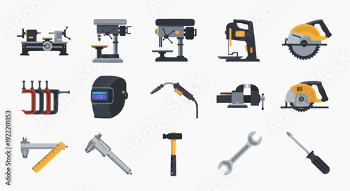 Collection of various tools and equipment arranged neatly, showcasing different machinery and handheld devices used in construction and DIY projects.