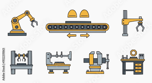 Industrial machinery and equipment icons set in a factory environment from an overhead viewpoint