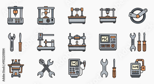 Collection of 3D printing and machinery icons, tools, and equipment displayed in a grid layout, viewed from directly above