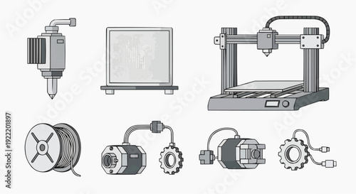Illustration of 3D printer and mechanical components in a technical drawing style