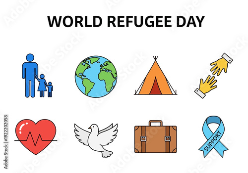 Global refugee awareness campaign illustration featuring diverse icons symbolizing hope and solidarity on World Refugee Day