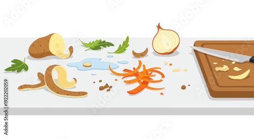 Kitchen food preparation mess: potato peels, onion, carrot scraps, knife on cutting board