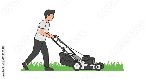 Man pushing lawn mower on grass, outdoor yard work, home maintenance