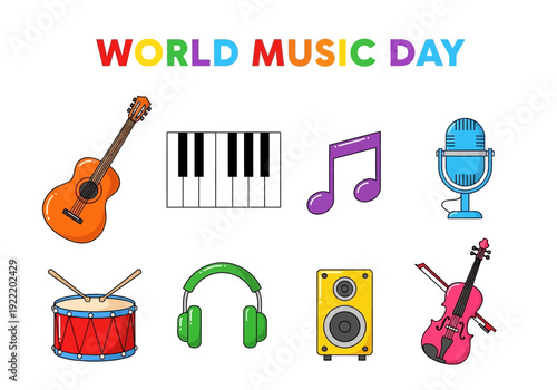 Vibrant World Music Day celebration with musical instruments and audio equipment in a lively setting