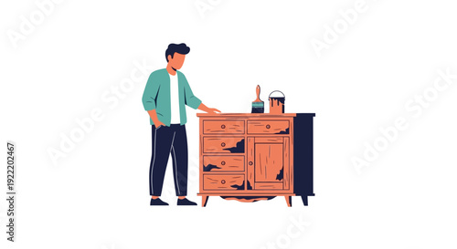 Man Restoring Old Damaged Wooden Cabinet Furniture with Paint and Brush