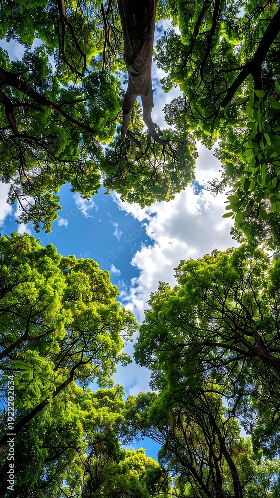 Fototapeta premium A low-angle view of trees with green leaves against a blue sky