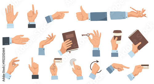A set of hands in various gestures and actions on a white background