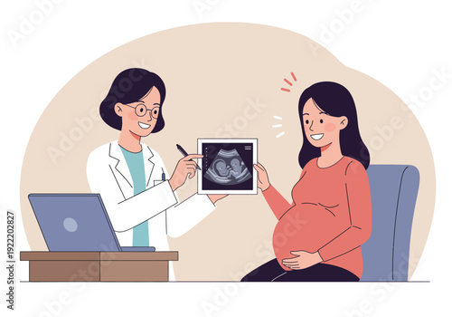 Doctor Showing Ultrasound to Pregnant Woman with Twins.
