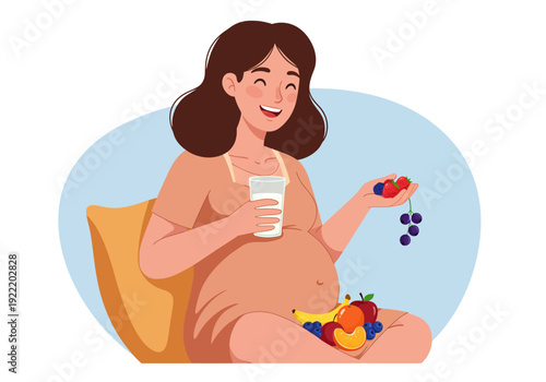 Pregnant Woman Enjoying Healthy Fruits and Milk.