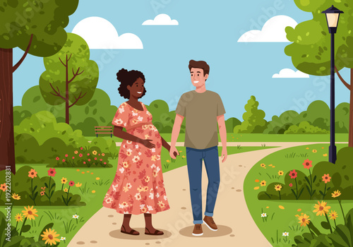 Expectant Couple Strolling in the Park Holding Hands Enjoying Nature.