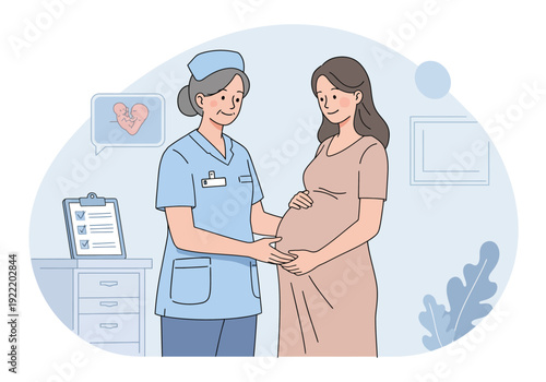 Nurse Examining Pregnant Womans Belly in Clinic.
