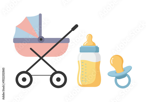 Baby Stroller Bottle and Pacifier Illustration.