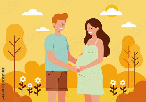 Expectant Couple in Nature: Man and Pregnant Woman Illustration.