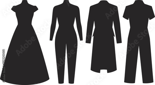 WebFormal clothing silhouette collection, ball gown, jumpsuit, tuxedo coat, diverse fashion garment styles, wardrobe design art, flat vector illustration