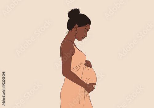 Elegant Pregnant Woman in Peach Dress Holding Belly.