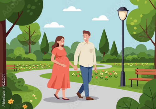 Expectant Couple Strolling Hand-in-Hand in a Park Setting.