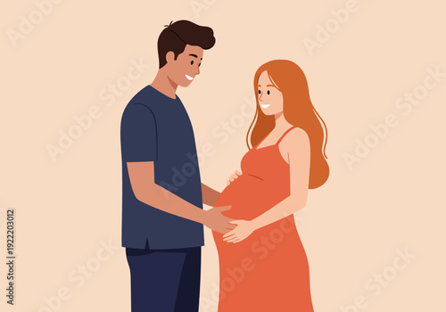 Expectant Couple: Man Touching Pregnant Womans Belly with Love.
