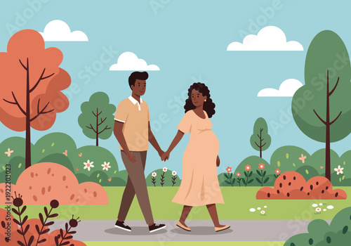 Expectant Couple Walking in Park Holding Hands Vector Illustration.