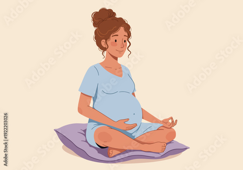 Pregnant Woman Meditating on Pillow Hands on Belly.