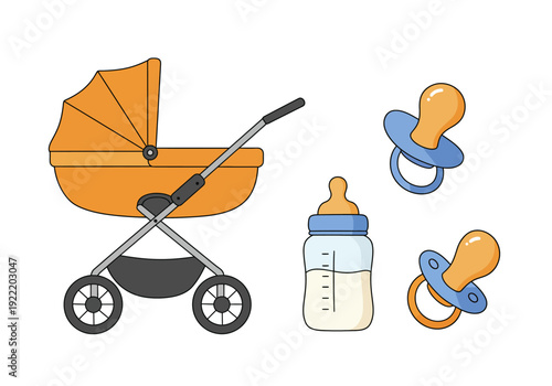 Baby Essentials: Stroller Bottle and Pacifiers Illustration.