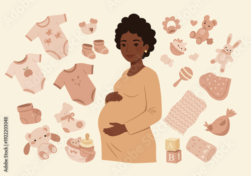 Pregnant Woman with Baby Items Illustration.