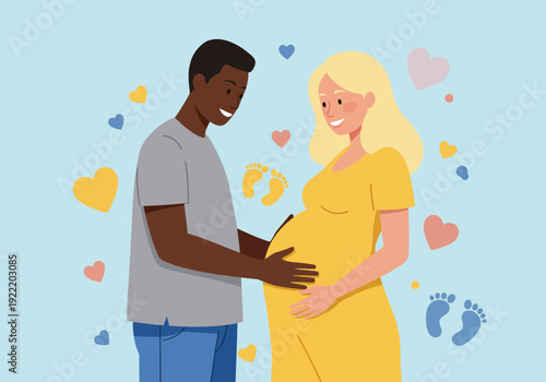 Expectant Couple: Man Touching Pregnant Womans Belly with Love and Anticipation.