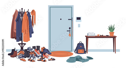 Messy entryway with coats, shoes, and backpack near the door